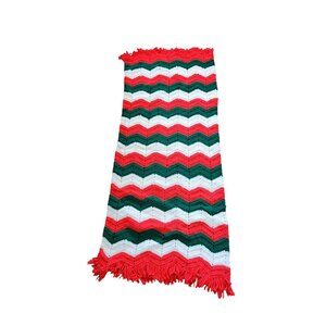 Christmas Themed Crochet Chevron Pattern Afghan With Red Fringe Edges